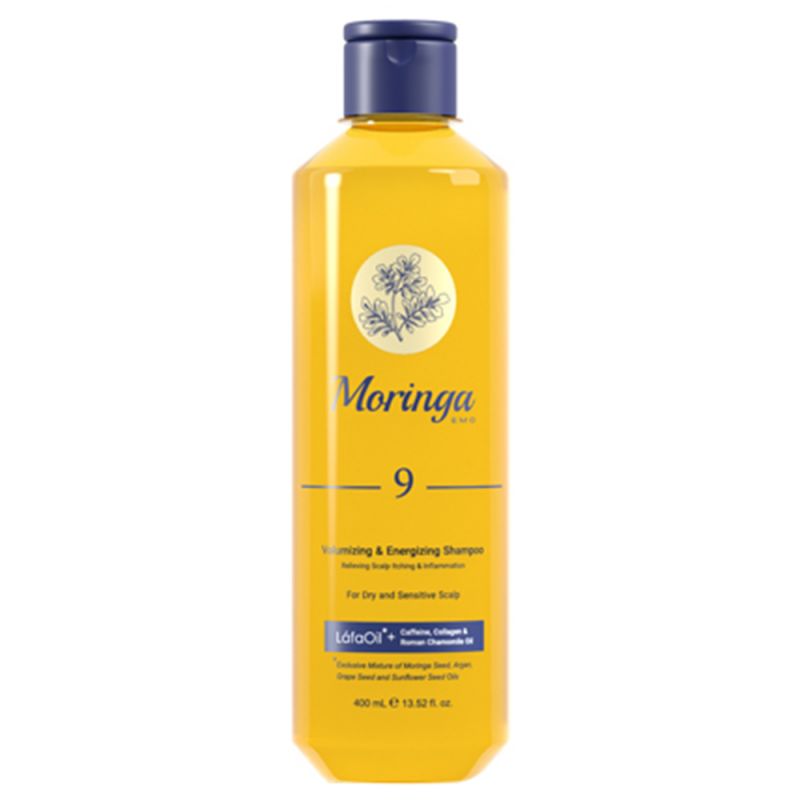 moringa-9-400-111600000055 شامپو حجمدهنده و انرژی بخش مورینگا امو مناسب پوست سر خشک و حساس کد 9 حجم 400 میل
