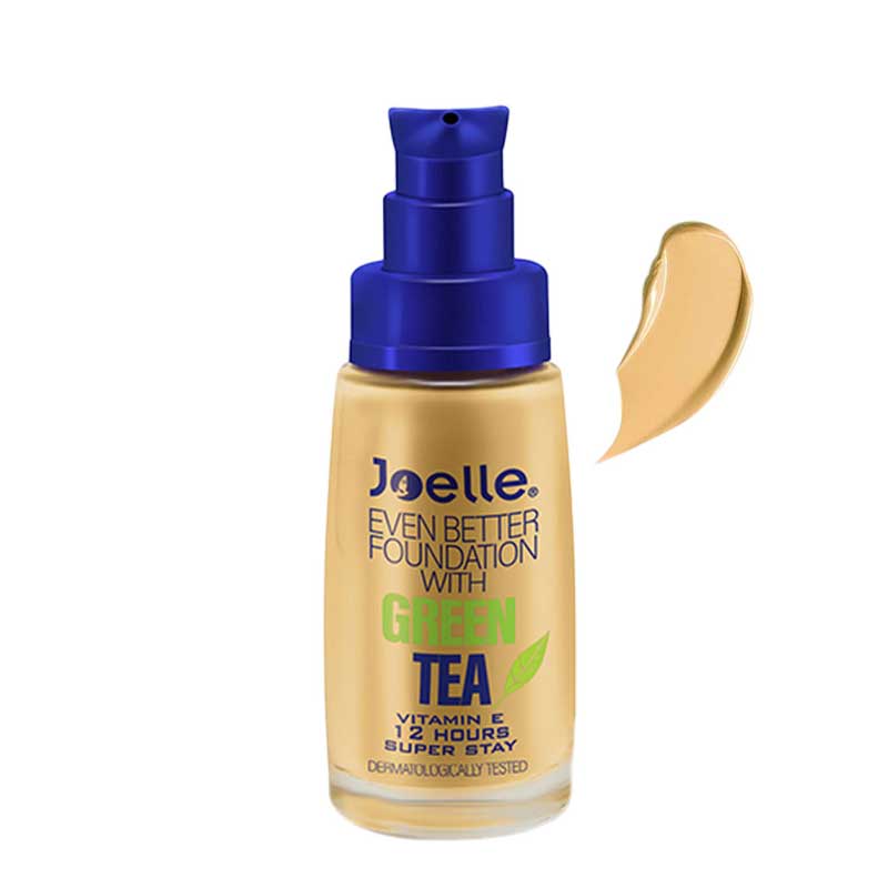Joelle-12h-Even-Better-Foundation-With-Green-Tea01 کرم پودر جویل مدل چای سبز شماره J01 حجم 30 میل