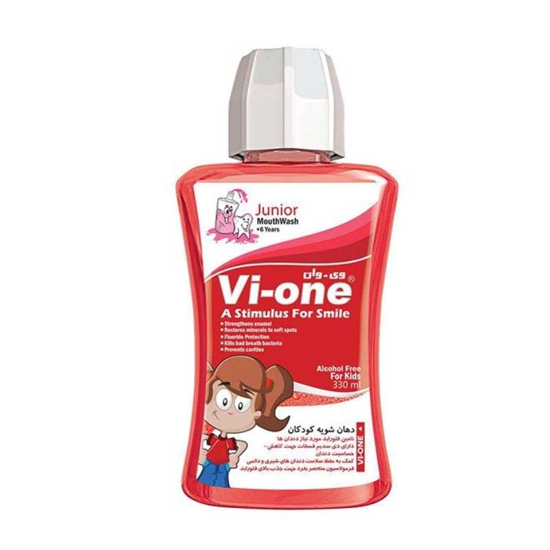 Vi-one-Junior-Mouth-Wash-For-Girl-330ml دهان شویه کودک وی وان مناسب دختران بالای 6 سال حجم 330 میلی لیتر